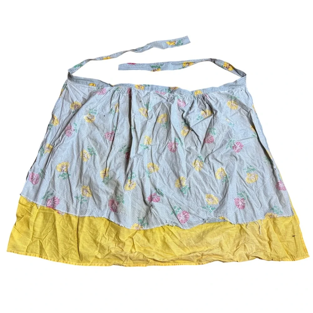 Vintage Hand Made Yellow Pink Floral Blue Plaid Half‎ Kitchen Apron